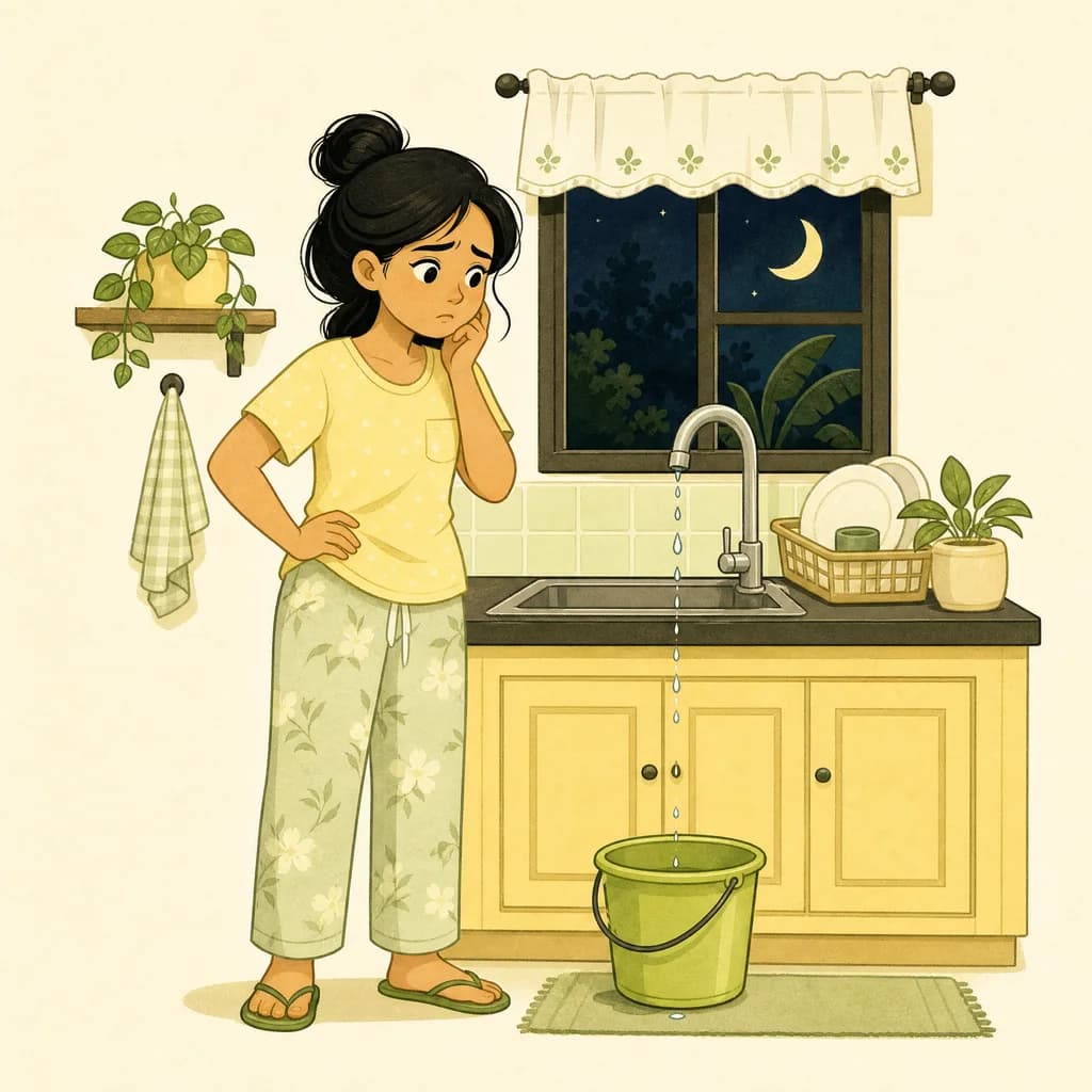 Illustration of a worried homeowner in pajamas watching a leaking kitchen faucet drip into a bucket at night
