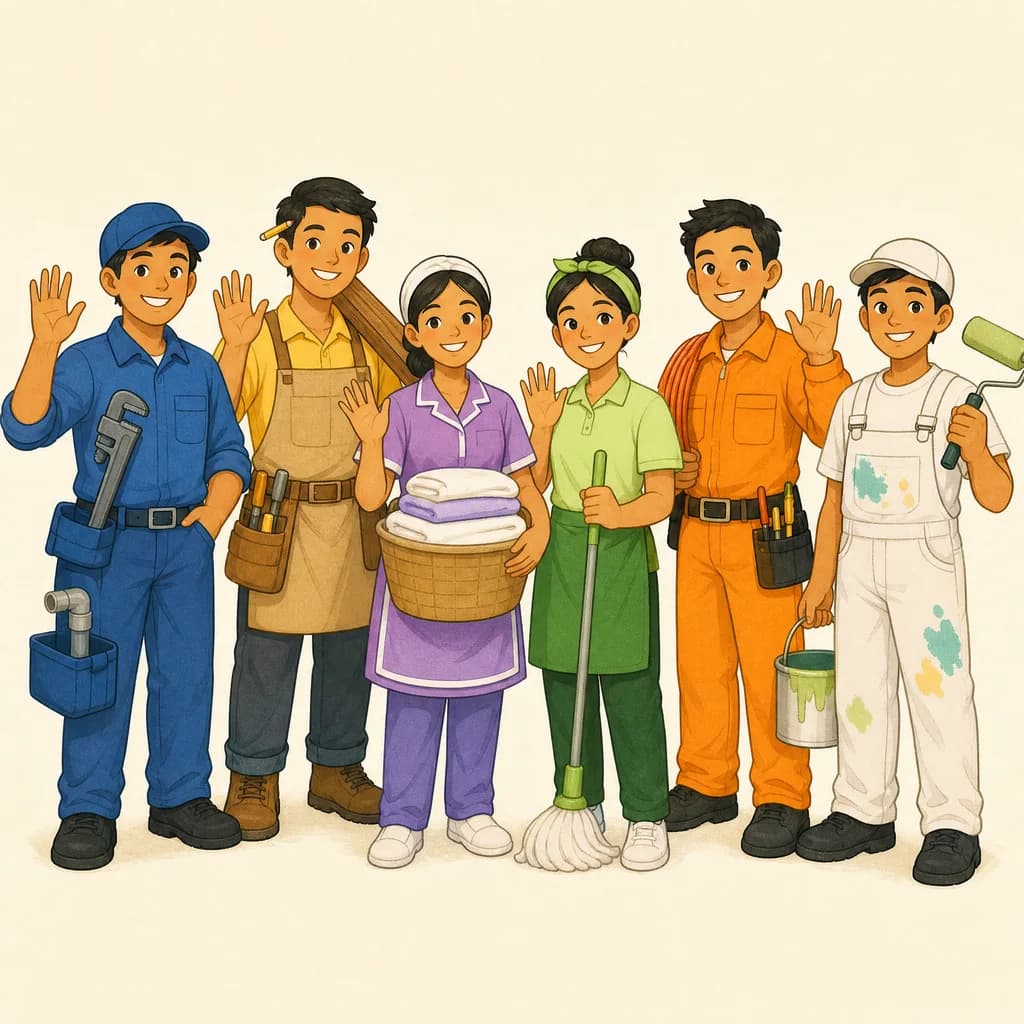 Illustration of six smiling Filipino skilled workers waving together: a plumber, carpenter, laundry worker, cleaner, electrician and painter
