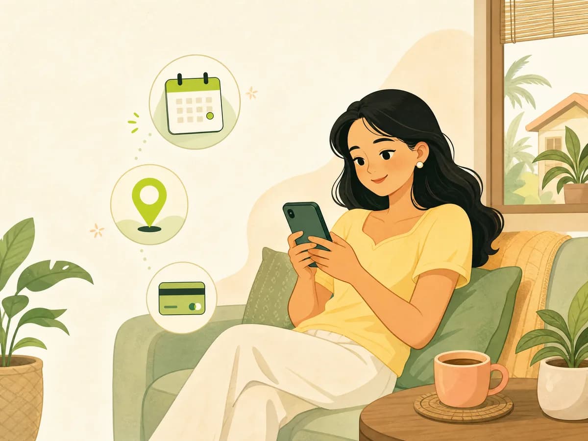 Illustration of a woman relaxing on a sofa booking a worker on her phone, with a calendar, map pin and card icons around her