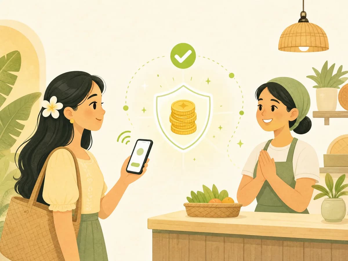 Illustration of a customer paying by phone, a shield holding coins between her and a smiling worker