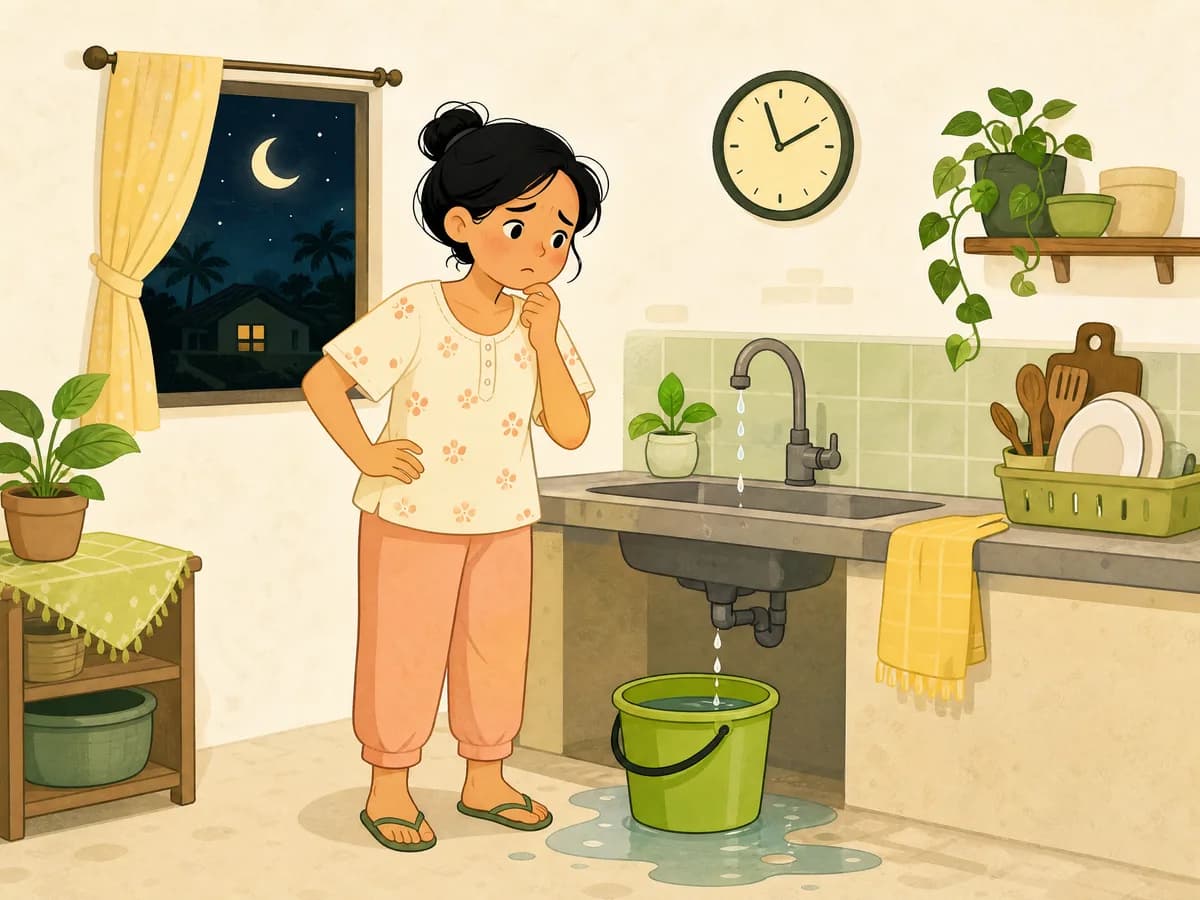 Illustration of a worried woman in pajamas at night beside a leaking kitchen sink, a bucket catching the drips