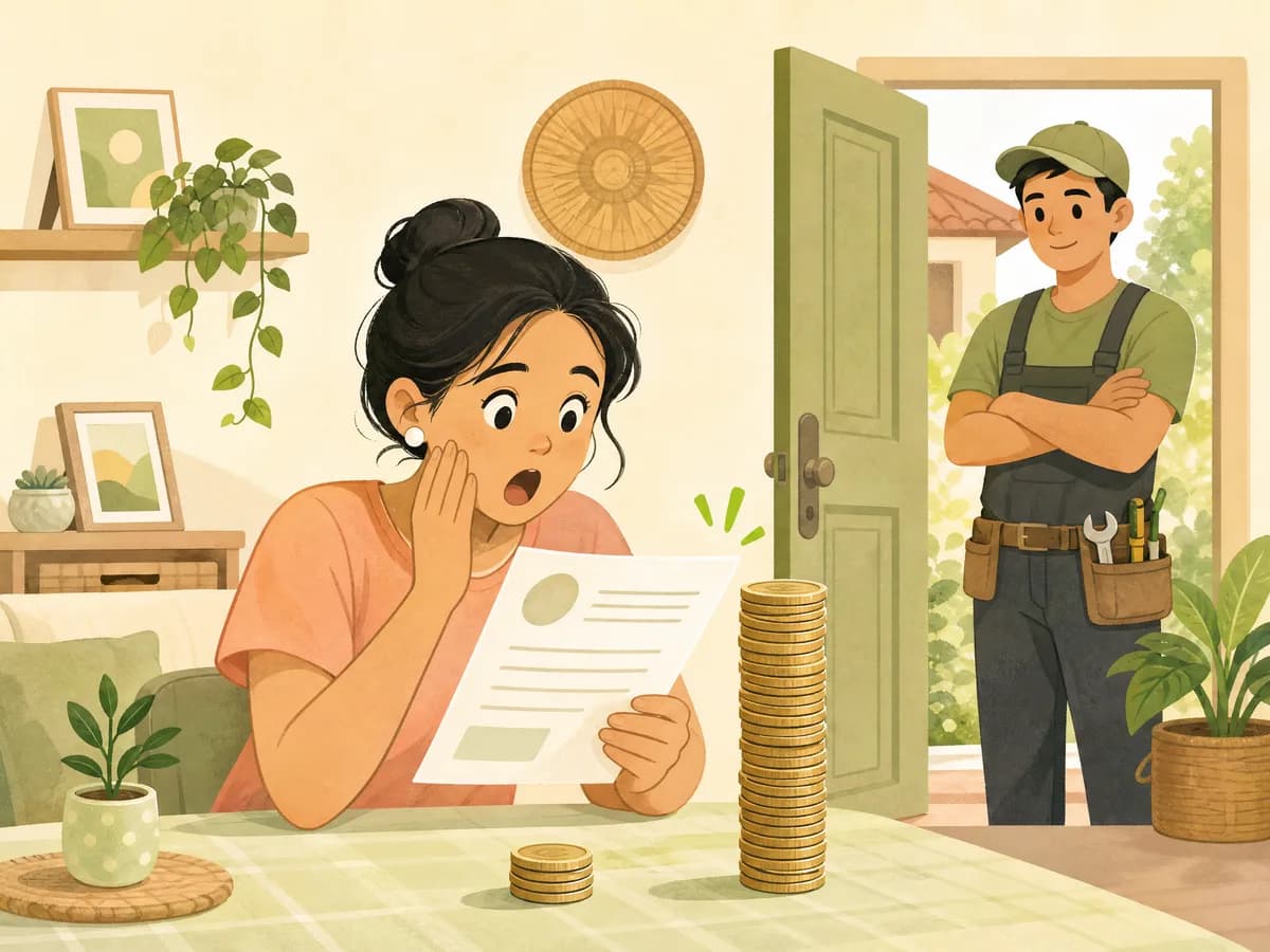 Illustration of a shocked homeowner reading a bill beside a tall stack of coins while a worker waits at the door