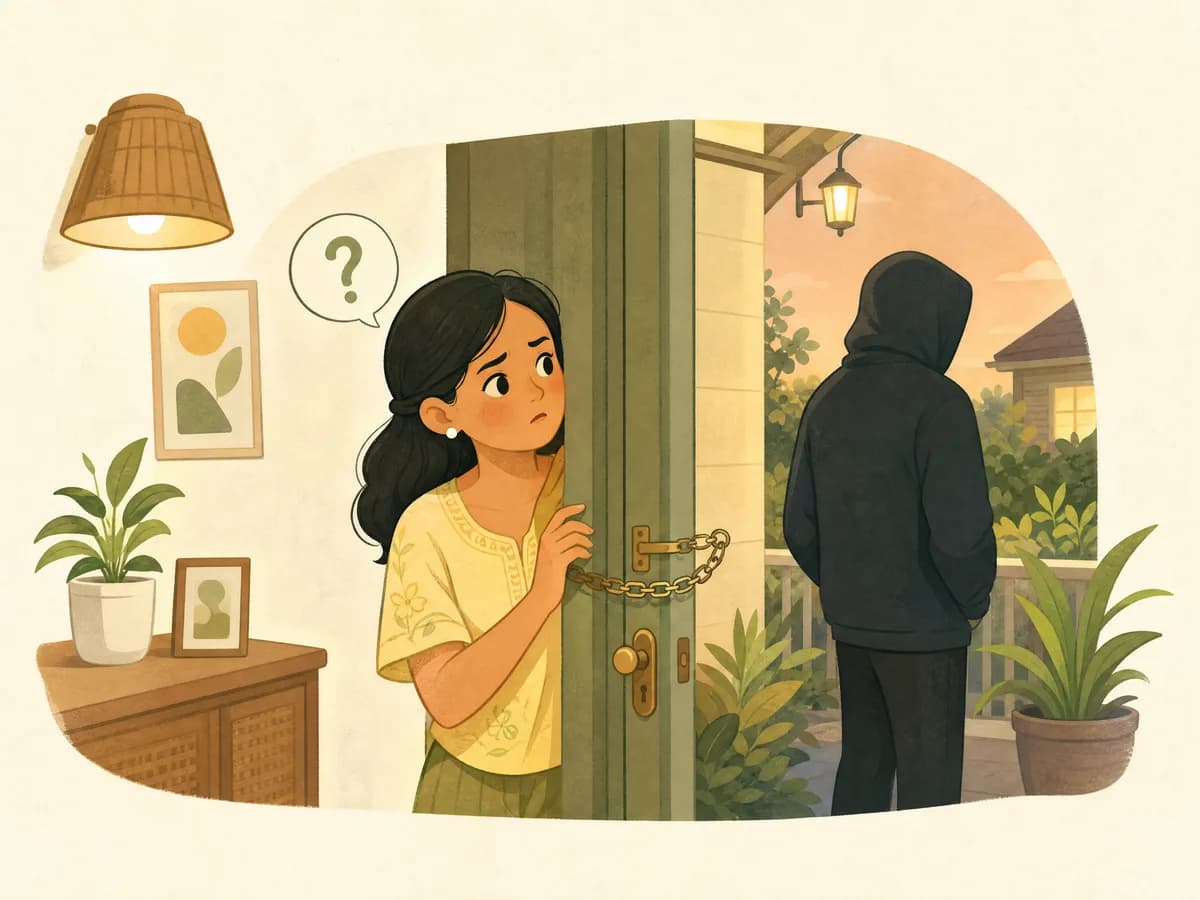 Illustration of a woman peeking through a chained door at an unknown hooded stranger outside