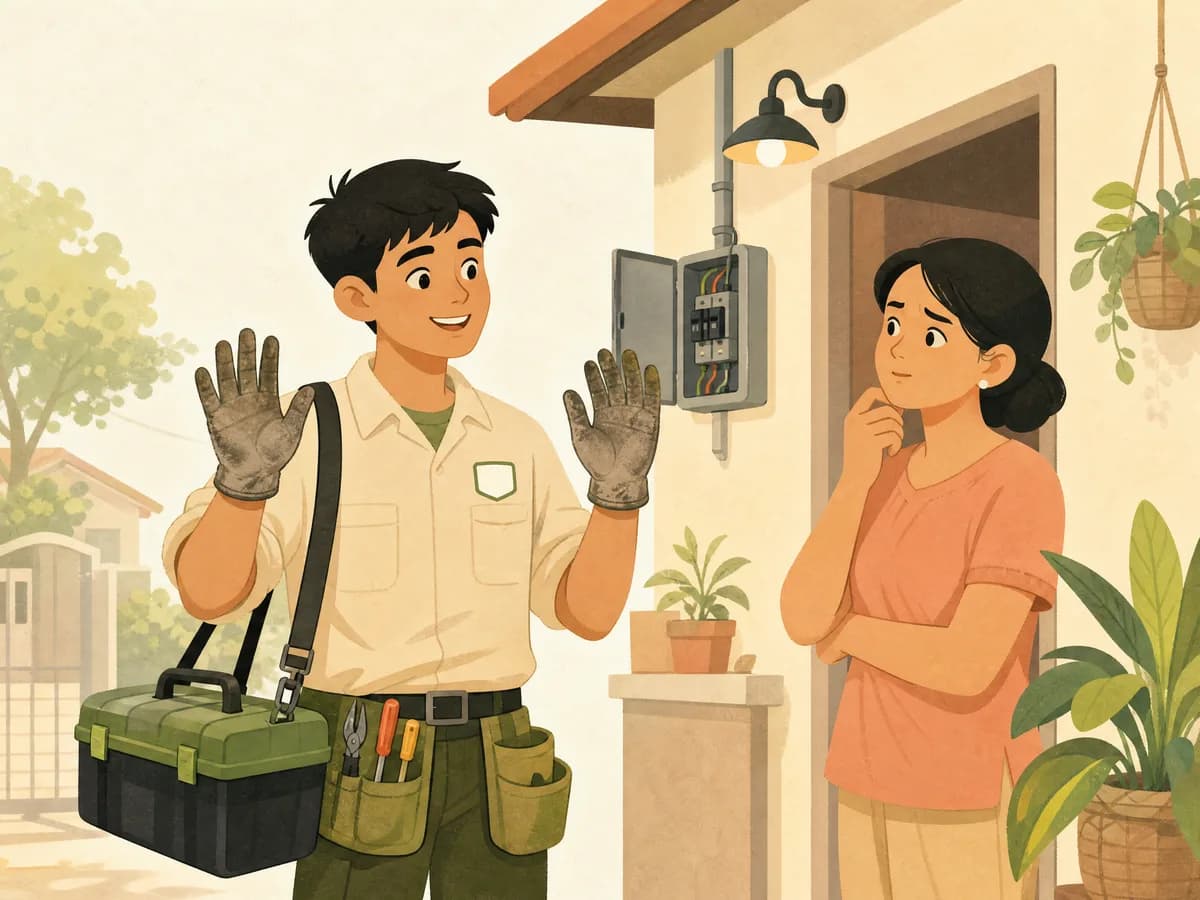 Illustration of an electrician in work gloves shrugging while a doubtful customer wonders if she can trust him