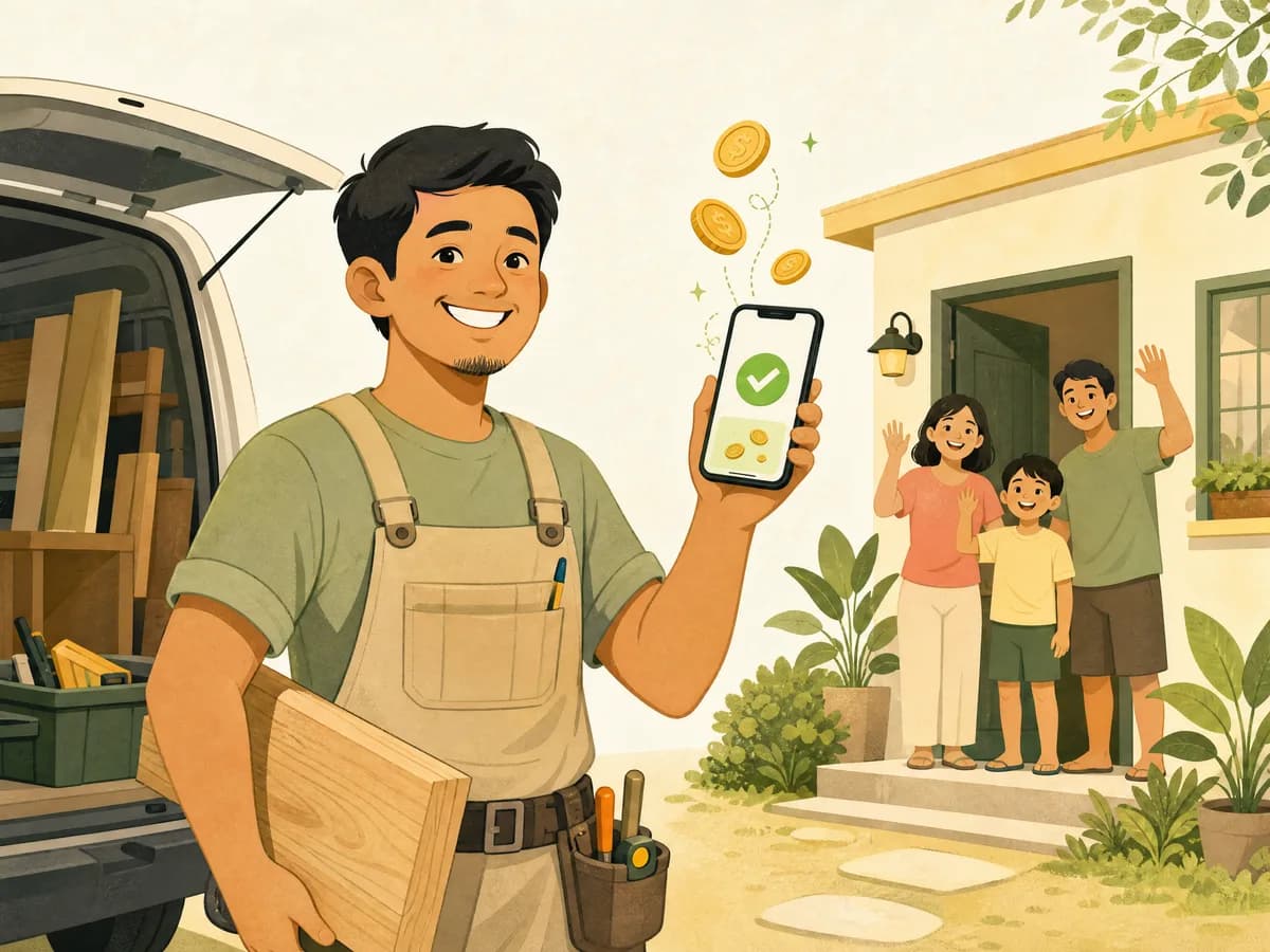 Illustration of a happy worker holding up his phone showing a payment received, with a family waving behind him